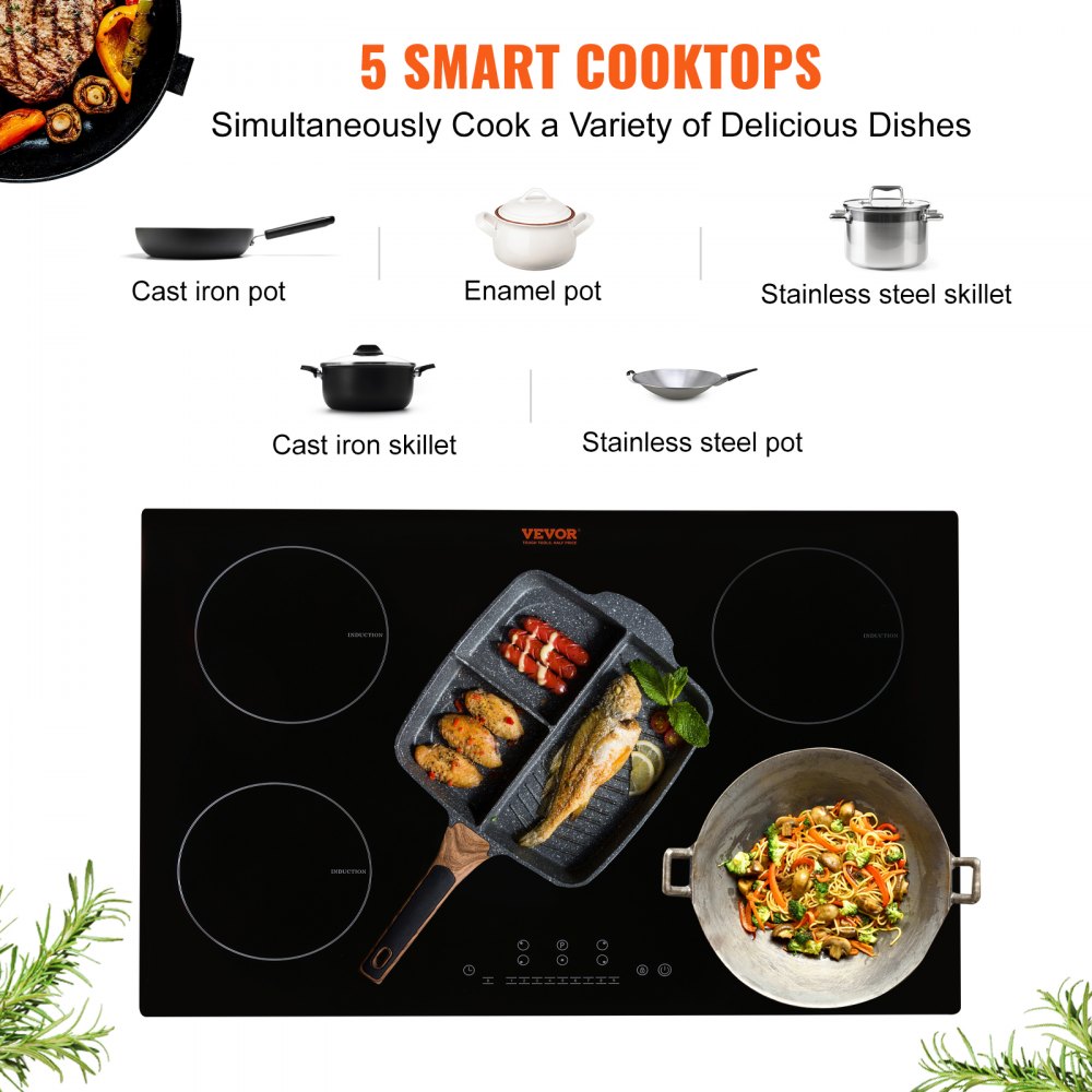 VEVOR Built-in Induction Electric Stove Top 5 Burners,35 Inch Electric  Cooktop,9 Power Levels & Sensor Touch Control,Easy to Clean Ceramic Glass  Surface,Child Safety Lock,240V