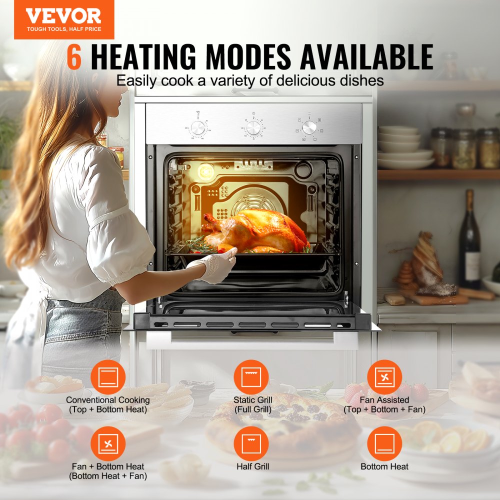 Horno de pared VEVOR, horno eléctrico empotrado de 61 cm con 6 funciones de cocción, 2,68 pies cúbicos con temporizador, 2000 W, rejilla y bandeja para hornear, para cocina.