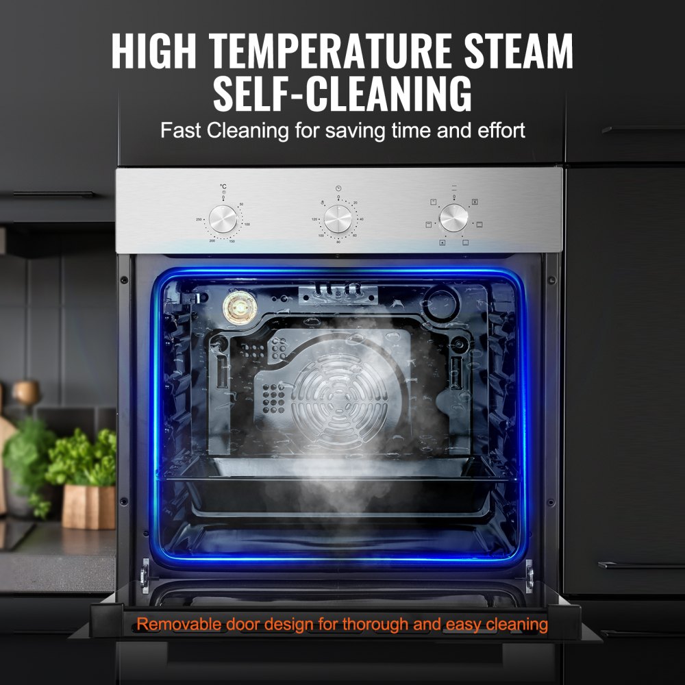 Horno de pared VEVOR, horno eléctrico empotrado de 61 cm con 6 funciones de cocción, 2,68 pies cúbicos con temporizador, 2000 W, rejilla y bandeja para hornear, para cocina.