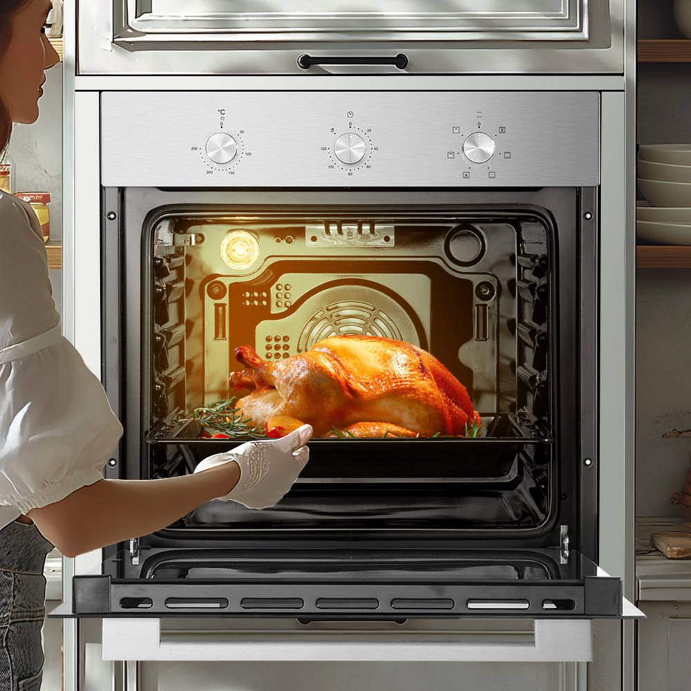 Horno de pared VEVOR, horno eléctrico empotrado de 61 cm con 6 funciones de cocción, 2,68 pies cúbicos con temporizador, 2000 W, rejilla y bandeja para hornear, para cocina.