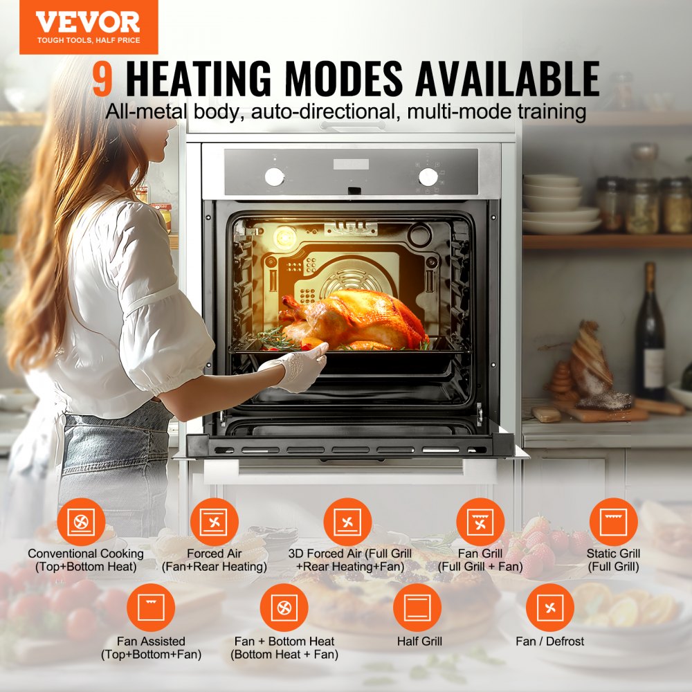 Horno de pared VEVOR, horno eléctrico empotrado de 61 cm con 9 funciones de cocción, 2,68 pies cúbicos con temporizador, 2800 W, rejilla y bandeja para hornear, para cocina.