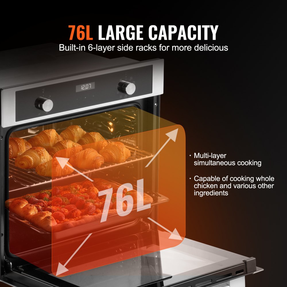 Horno de pared VEVOR, horno eléctrico empotrado de 61 cm con 9 funciones de cocción, 2,68 pies cúbicos con temporizador, 2800 W, rejilla y bandeja para hornear, para cocina.
