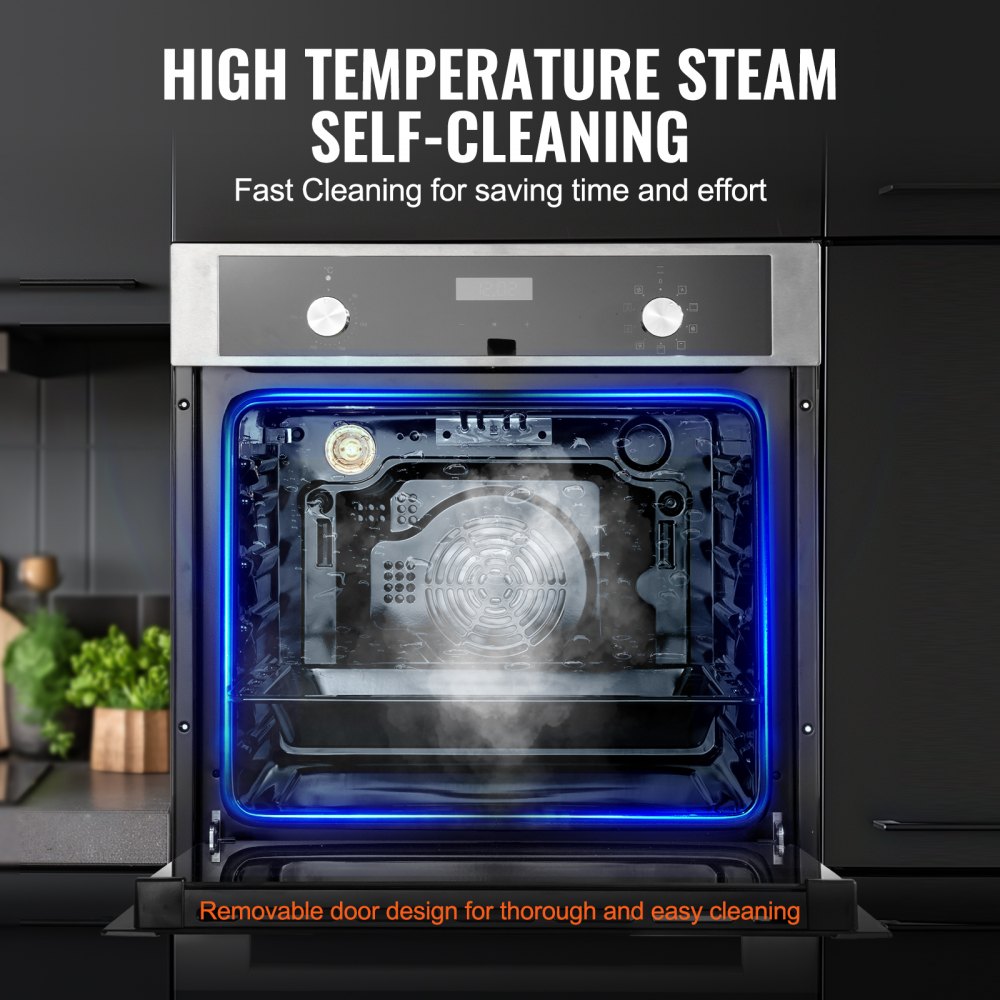 Horno de pared VEVOR, horno eléctrico empotrado de 61 cm con 9 funciones de cocción, 2,68 pies cúbicos con temporizador, 2800 W, rejilla y bandeja para hornear, para cocina.