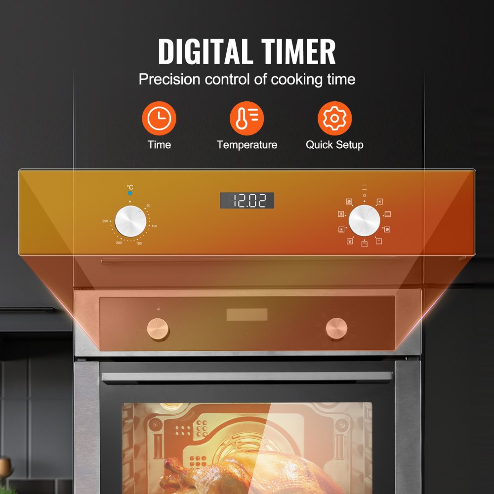 Horno de pared VEVOR, horno eléctrico empotrado de 61 cm con 9 funciones de cocción, 2,68 pies cúbicos con temporizador, 2800 W, rejilla y bandeja para hornear, para cocina.
