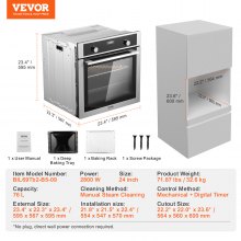 VEVOR Single Wall Oven 24" Electric Built-in Wall Oven 9 Functions 2.68 Cu. Ft