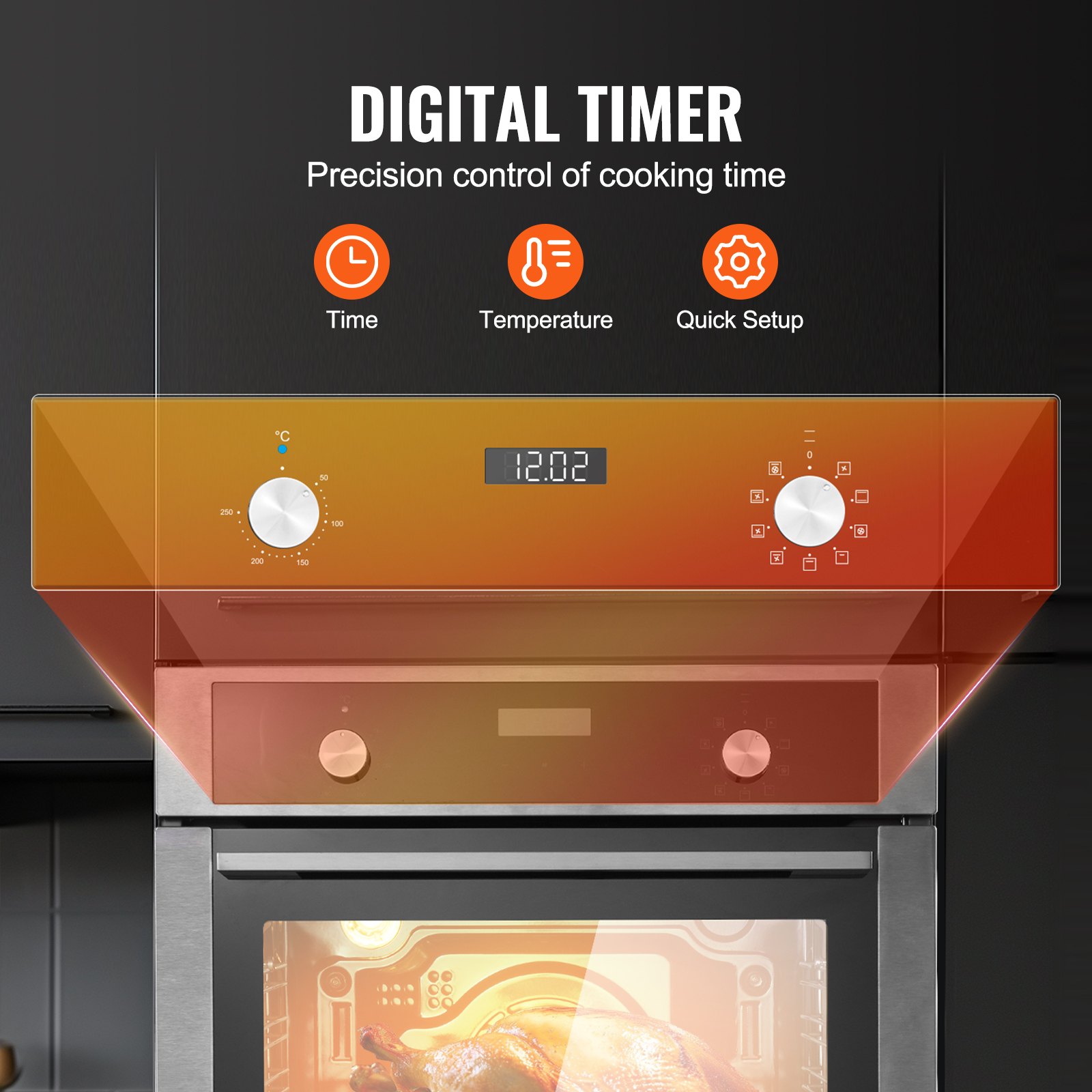 VEVOR Single Wall Oven, 24" Electric Built-in Wall Oven with 9 Cooking Functions, 2.68 Cu.Ft Electric Wall Ovens, Rapid heating to 200°C in 5min, 3550W Electric Oven with Baking Rack and Tray, Kitchen