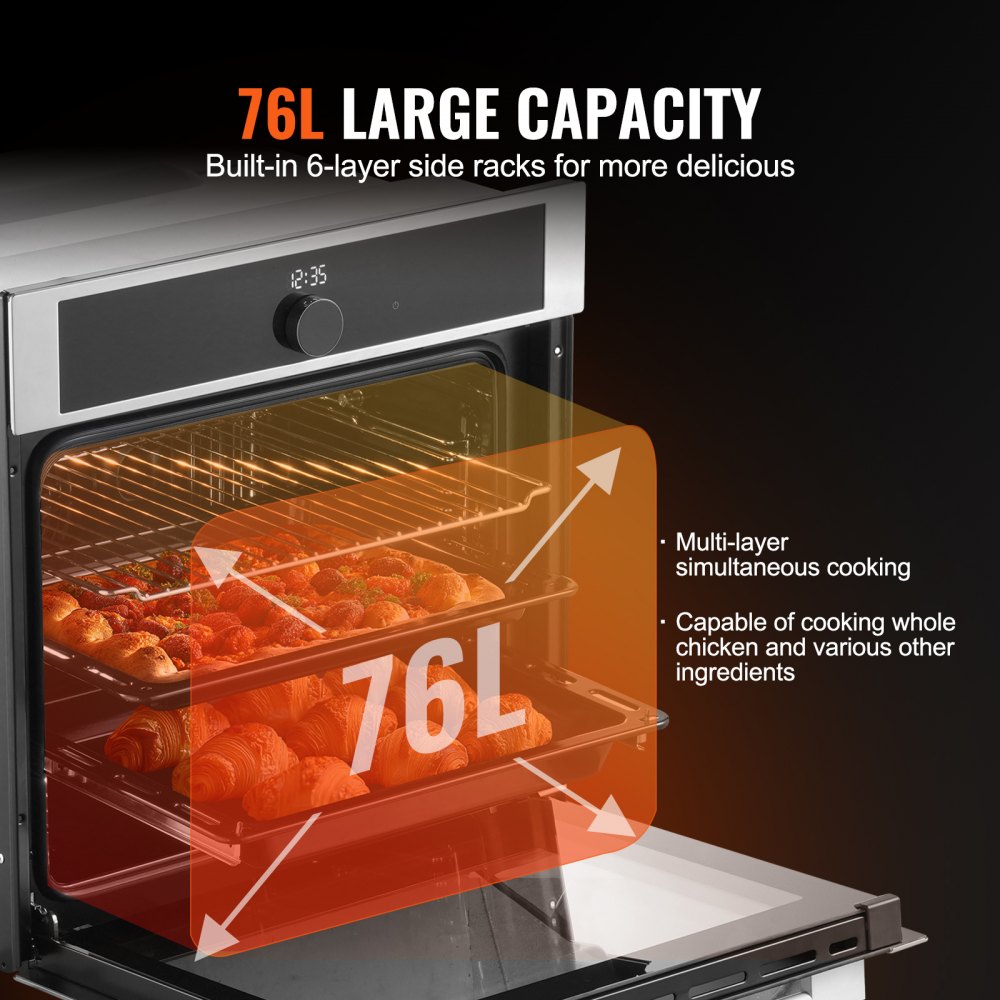 VEVOR Single Wall Oven, 24" Electric Built-in Wall Oven with 16 Cooking Functions, 2.68 Cu.Ft Electric Wall Ovens with Timer, 3150W Electric Oven with Baking Rack and Tray, for Kitchen