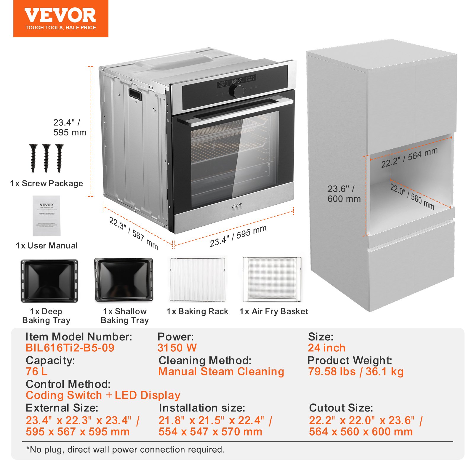 VEVOR Single Wall Oven, 24" Electric Built-in Wall Oven with 16 Cooking Functions, 2.68 Cu.Ft Electric Wall Ovens with Timer, 3150W Electric Oven with Baking Rack and Tray, for Kitchen