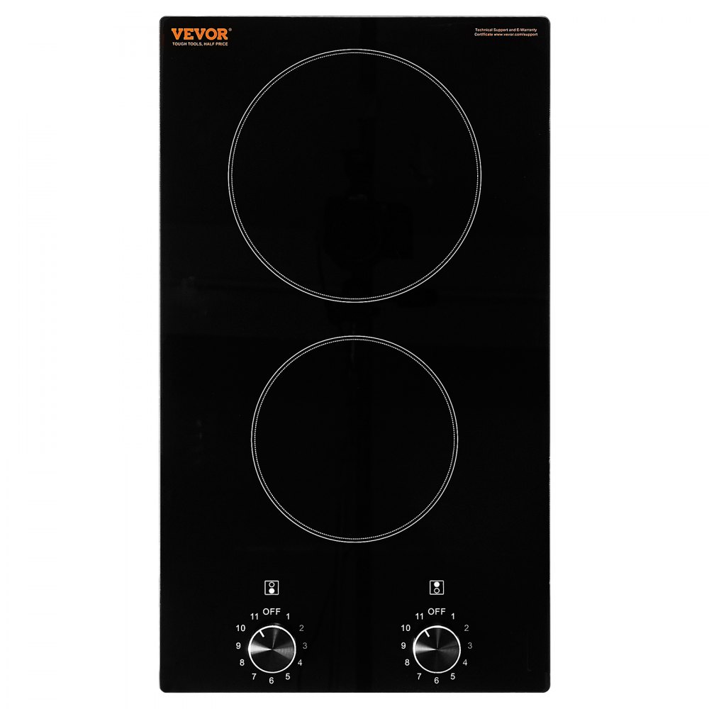 VEVOR Electric Cooktop, 12 inch 2 Burners Built-in Electric Stove Top, 1800W Ceramic Top Radiant Cooktop, with Glass Panel, Knob Control, 11 Heat Levels, 120V, for Diverse Cooking Requirements
