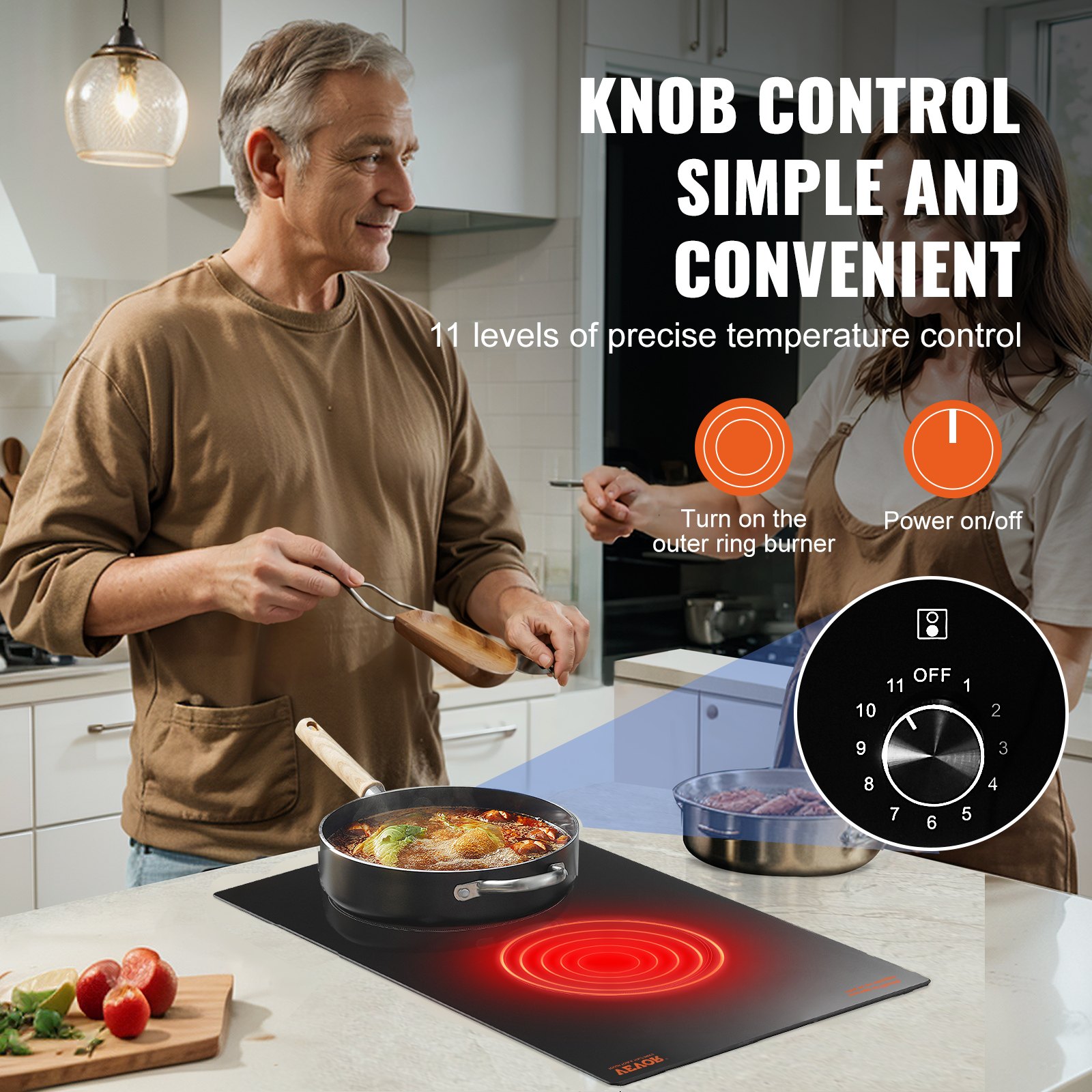 VEVOR Electric Cooktop, 12 inch 2 Burners Built-in Electric Stove Top, 1800W Ceramic Top Radiant Cooktop, with Glass Panel, Knob Control, 11 Heat Levels, 120V, for Diverse Cooking Requirements