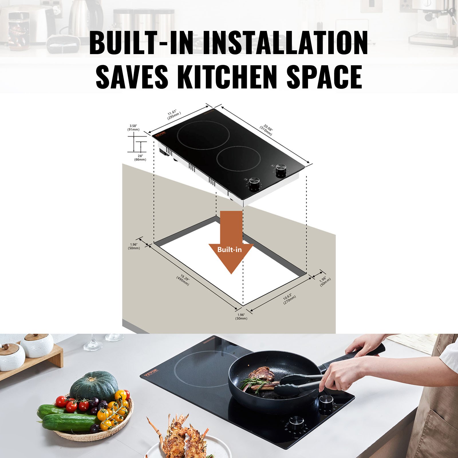 VEVOR Electric Cooktop, 12 inch 2 Burners Built-in Electric Stove Top, 1800W Ceramic Top Radiant Cooktop, with Glass Panel, Knob Control, 11 Heat Levels, 120V, for Diverse Cooking Requirements