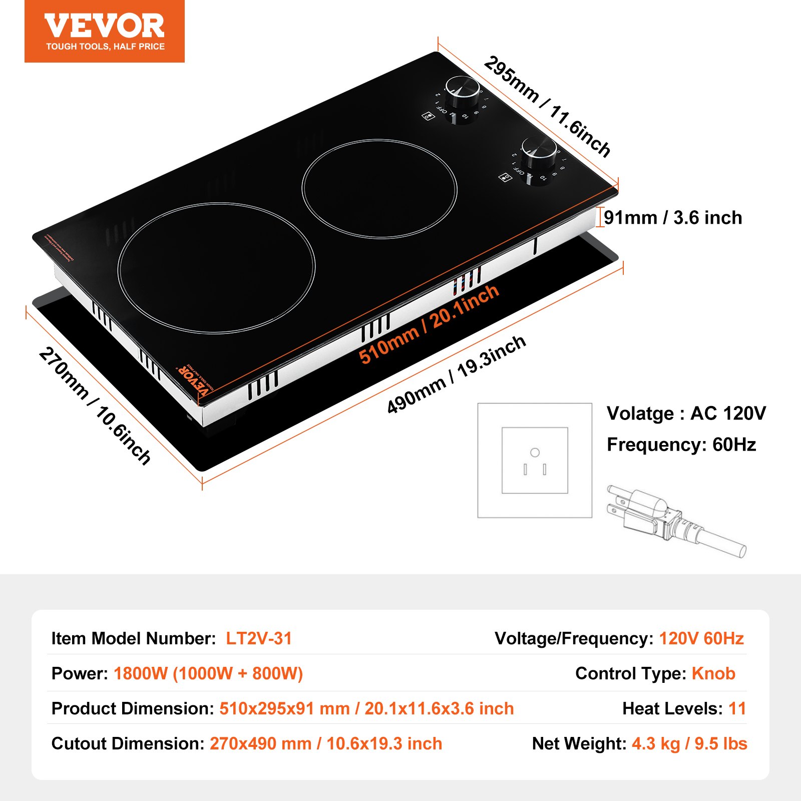 VEVOR Electric Cooktop, 12 inch 2 Burners Built-in Electric Stove Top, 1800W Ceramic Top Radiant Cooktop, with Glass Panel, Knob Control, 11 Heat Levels, 120V, for Diverse Cooking Requirements