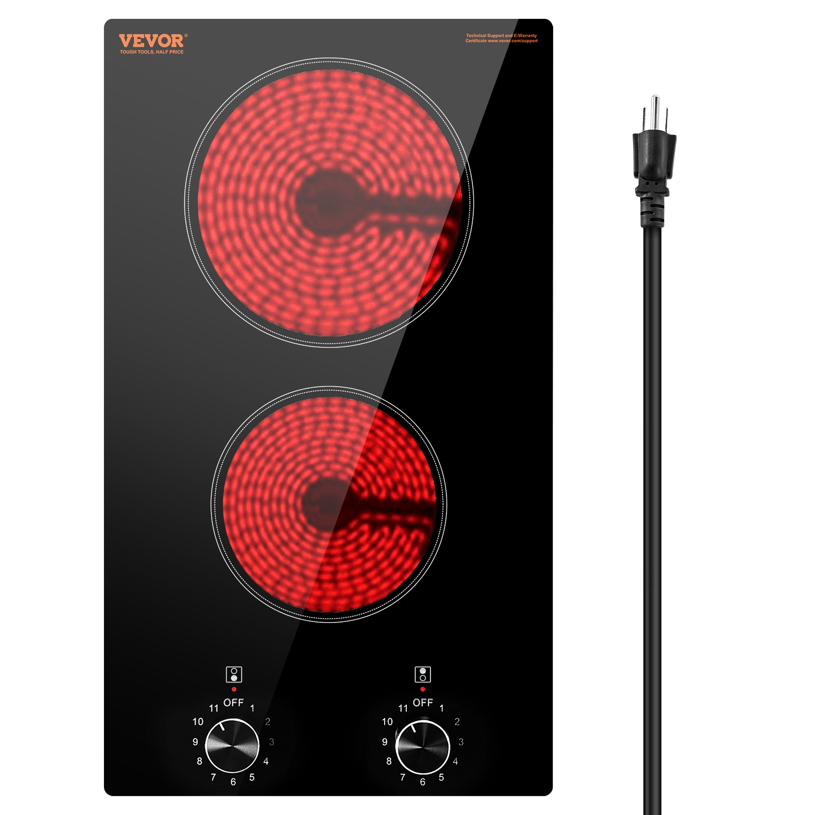 VEVOR Electric Cooktop, 12 inch 2 Burners Built-in Electric Stove Top, 1800W Ceramic Top Radiant Cooktop, with Glass Panel, Knob Control, 11 Heat Levels, 120V, for Diverse Cooking Requirements