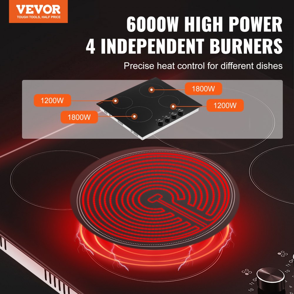 VEVOR Electric Cooktop, 24 inch 4 Burners Built-in Electric Stove Top, 6000W Ceramic Top Radiant Cooktop, with Glass Panel, Knob Control, 11 Heat Levels, 220-240V, Hard Wire (No Plug)