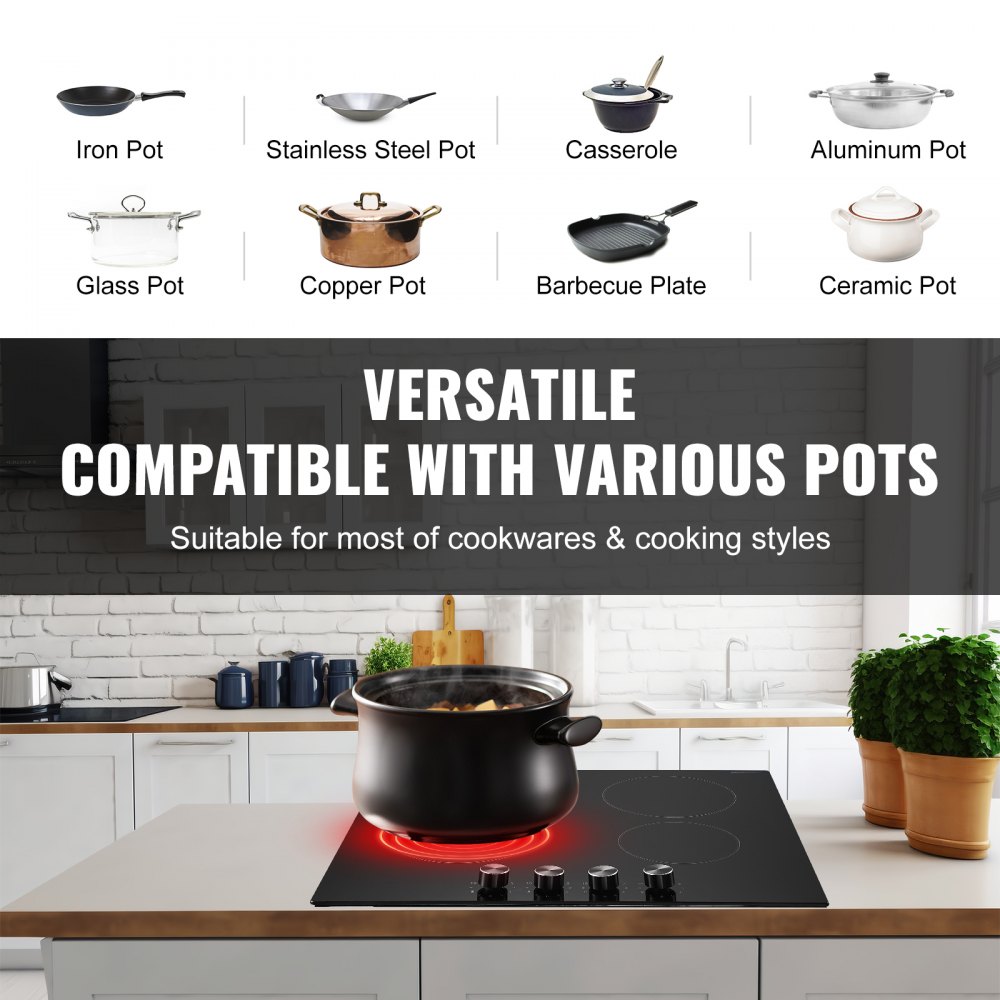 VEVOR Electric Cooktop, 24 inch 4 Burners Built-in Electric Stove Top, 6000W Ceramic Top Radiant Cooktop, with Glass Panel, Knob Control, 11 Heat Levels, 220-240V, Hard Wire (No Plug)