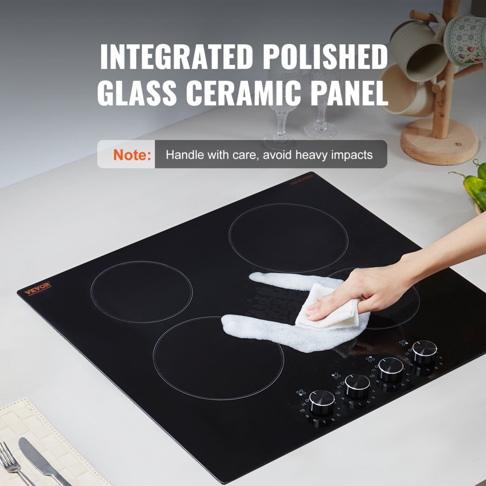 VEVOR Electric Cooktop, 24 inch 4 Burners Built-in Electric Stove Top, 6000W Ceramic Top Radiant Cooktop, with Glass Panel, Knob Control, 11 Heat Levels, 220-240V, Hard Wire (No Plug)