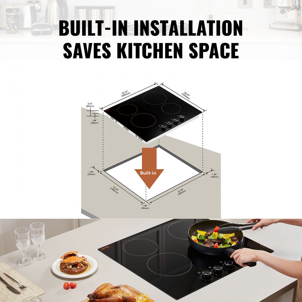 VEVOR Electric Cooktop, 24 inch 4 Burners Built-in Electric Stove Top, 6000W Ceramic Top Radiant Cooktop, with Glass Panel, Knob Control, 11 Heat Levels, 220-240V, Hard Wire (No Plug)
