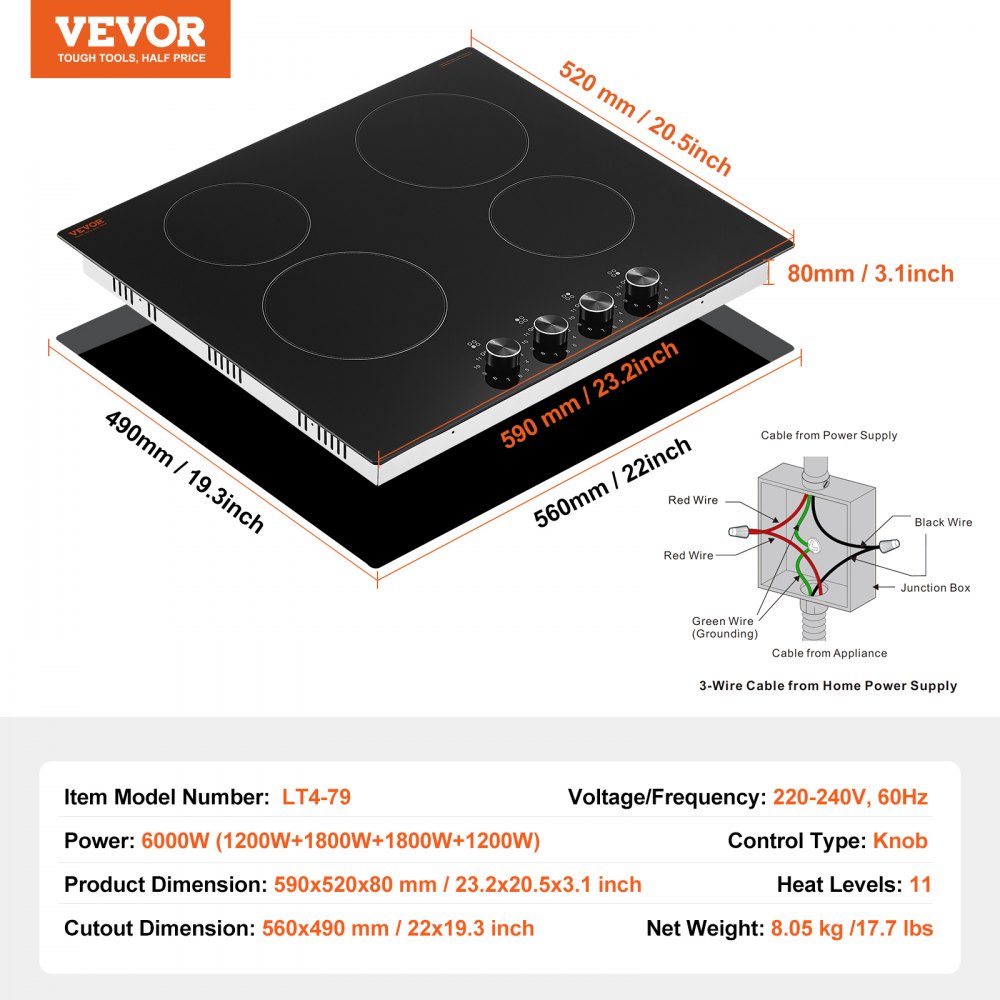 VEVOR Electric Cooktop, 24 inch 4 Burners Built-in Electric Stove Top, 6000W Ceramic Top Radiant Cooktop, with Glass Panel, Knob Control, 11 Heat Levels, 220-240V, Hard Wire (No Plug)