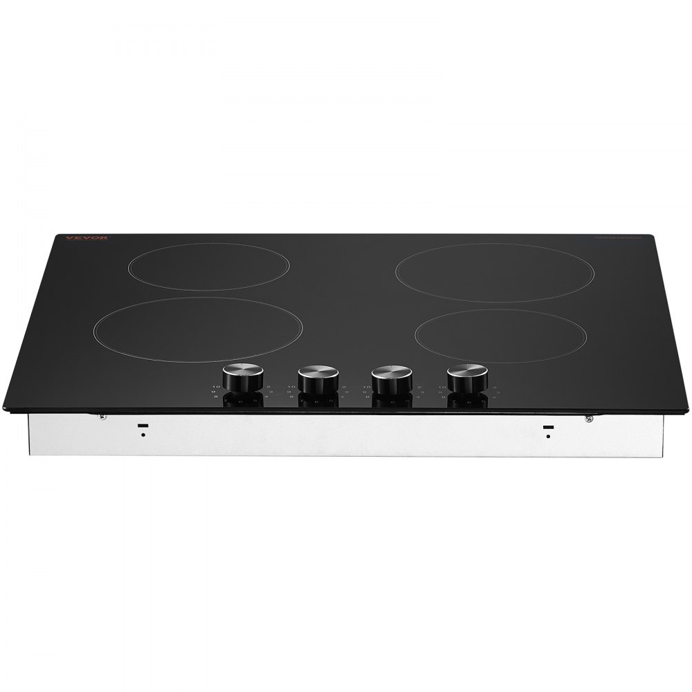VEVOR Electric Cooktop, 24 inch 4 Burners Built-in Electric Stove Top, 6000W Ceramic Top Radiant Cooktop, with Glass Panel, Knob Control, 11 Heat Levels, 220-240V, Hard Wire (No Plug)