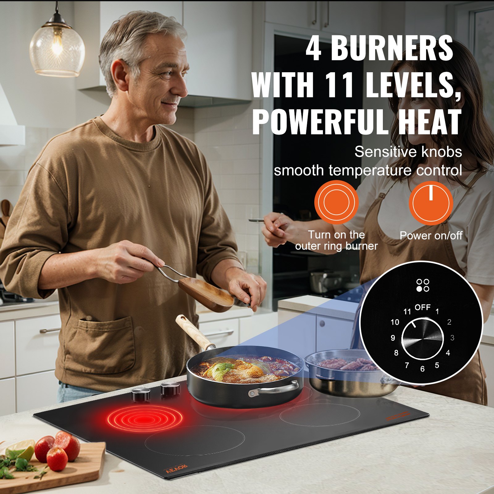 VEVOR Electric Cooktop, 24 inch 4 Burners Built-in Electric Stove Top, 6000W Ceramic Top Radiant Cooktop, with Glass Panel, Knob Control, 11 Heat Levels, 220-240V, Hard Wire (No Plug)