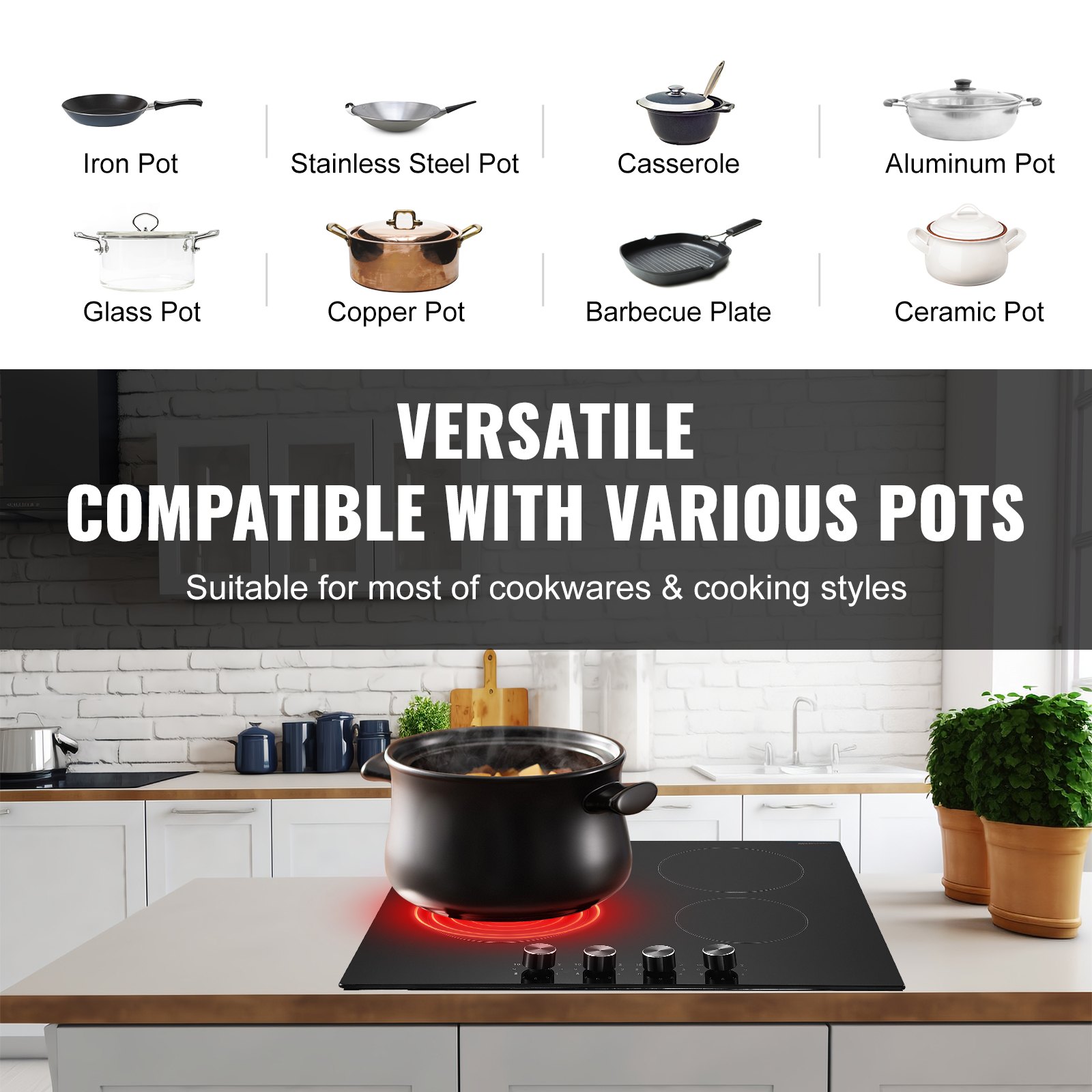 VEVOR Electric Cooktop, 24 inch 4 Burners Built-in Electric Stove Top, 6000W Ceramic Top Radiant Cooktop, with Glass Panel, Knob Control, 11 Heat Levels, 220-240V, Hard Wire (No Plug)