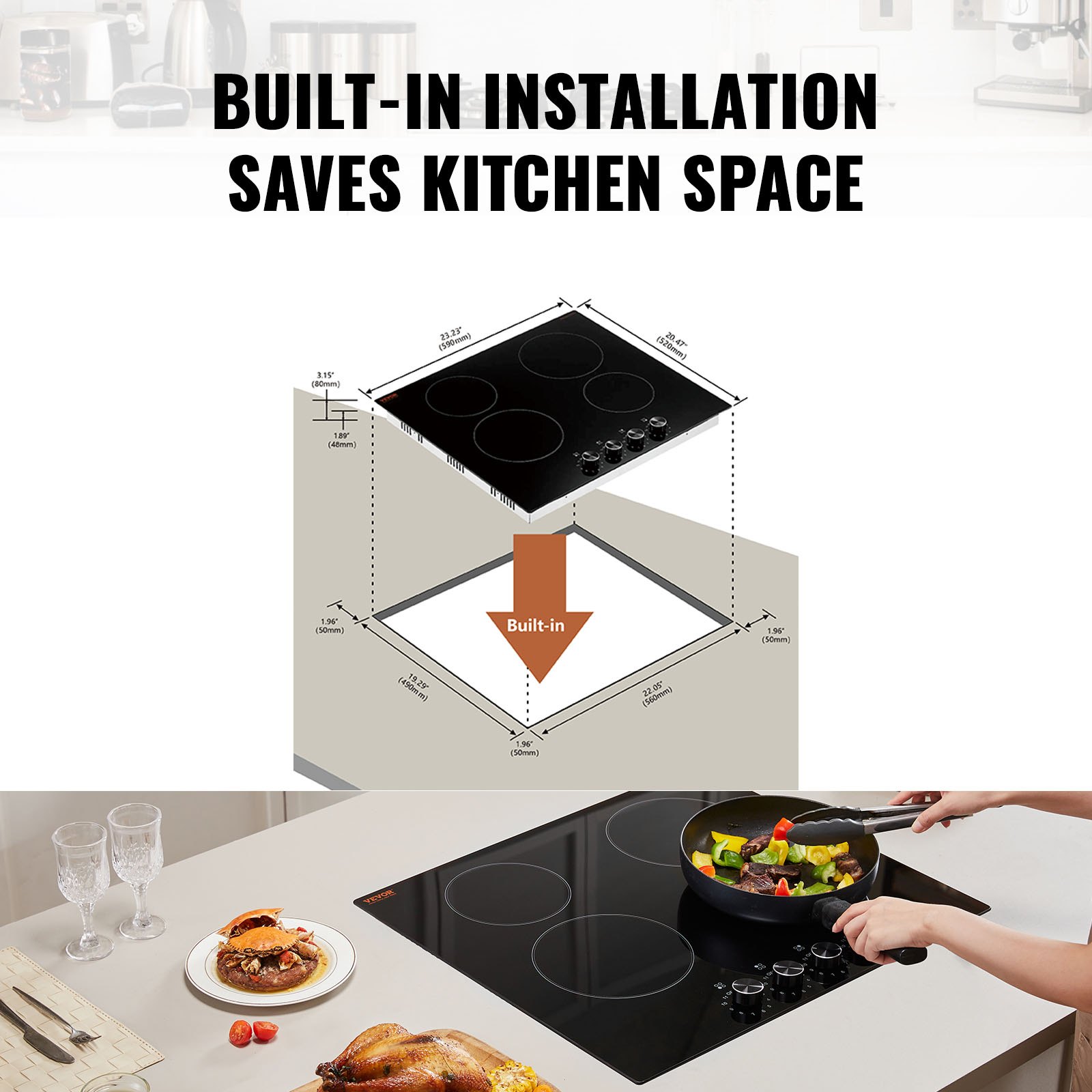 VEVOR Electric Cooktop, 24 inch 4 Burners Built-in Electric Stove Top, 6000W Ceramic Top Radiant Cooktop, with Glass Panel, Knob Control, 11 Heat Levels, 220-240V, Hard Wire (No Plug)