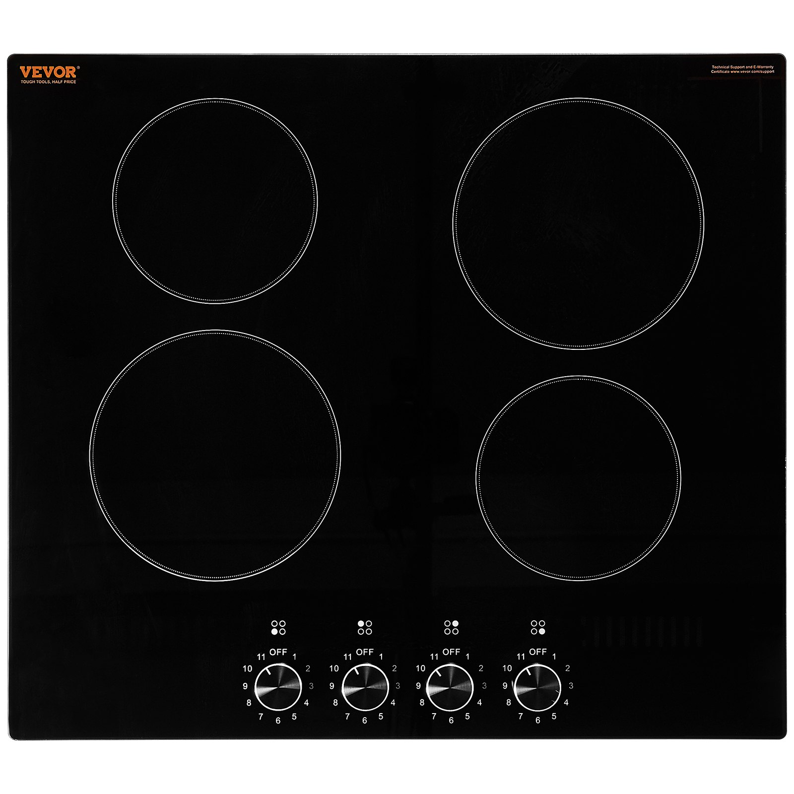 VEVOR Electric Cooktop, 24 inch 4 Burners Built-in Electric Stove Top, 6000W Ceramic Top Radiant Cooktop, with Glass Panel, Knob Control, 11 Heat Levels, 220-240V, Hard Wire (No Plug)