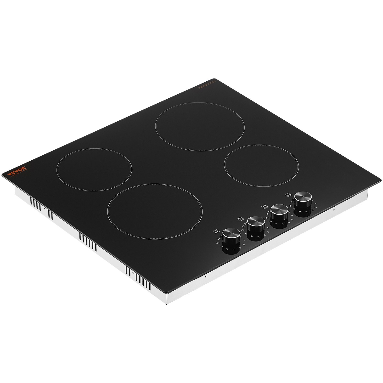 VEVOR Electric Cooktop, 24 inch 4 Burners Built-in Electric Stove Top, 6000W Ceramic Top Radiant Cooktop, with Glass Panel, Knob Control, 11 Heat Levels, 220-240V, Hard Wire (No Plug)