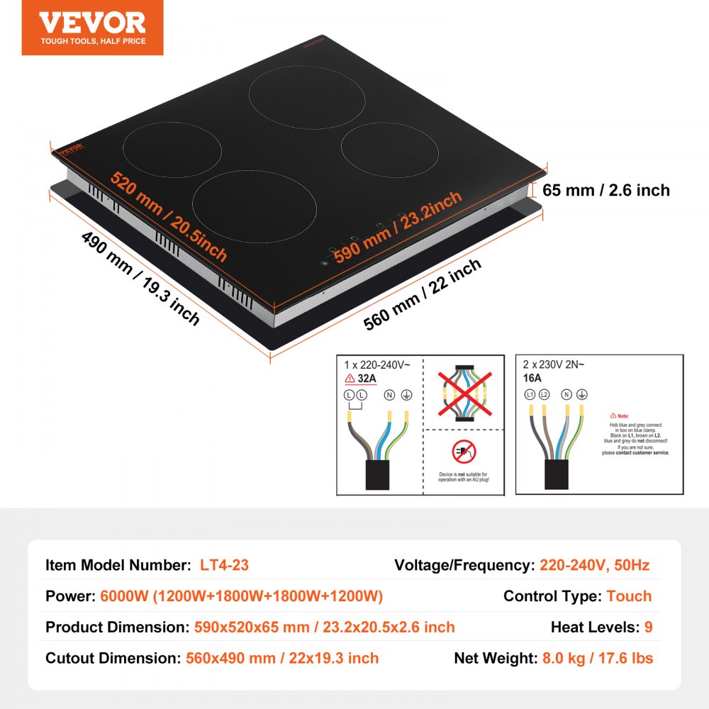VEVOR Electric Cooktop, 24 inch 4 Burners Built-in Electric Stove Top, 6000W Ceramic Top Radiant Cooktop with Glass Panel, Touch Control, Timer, Child Lock, 9 Heat Level, 220-240V, Hard Wire (No Plug)