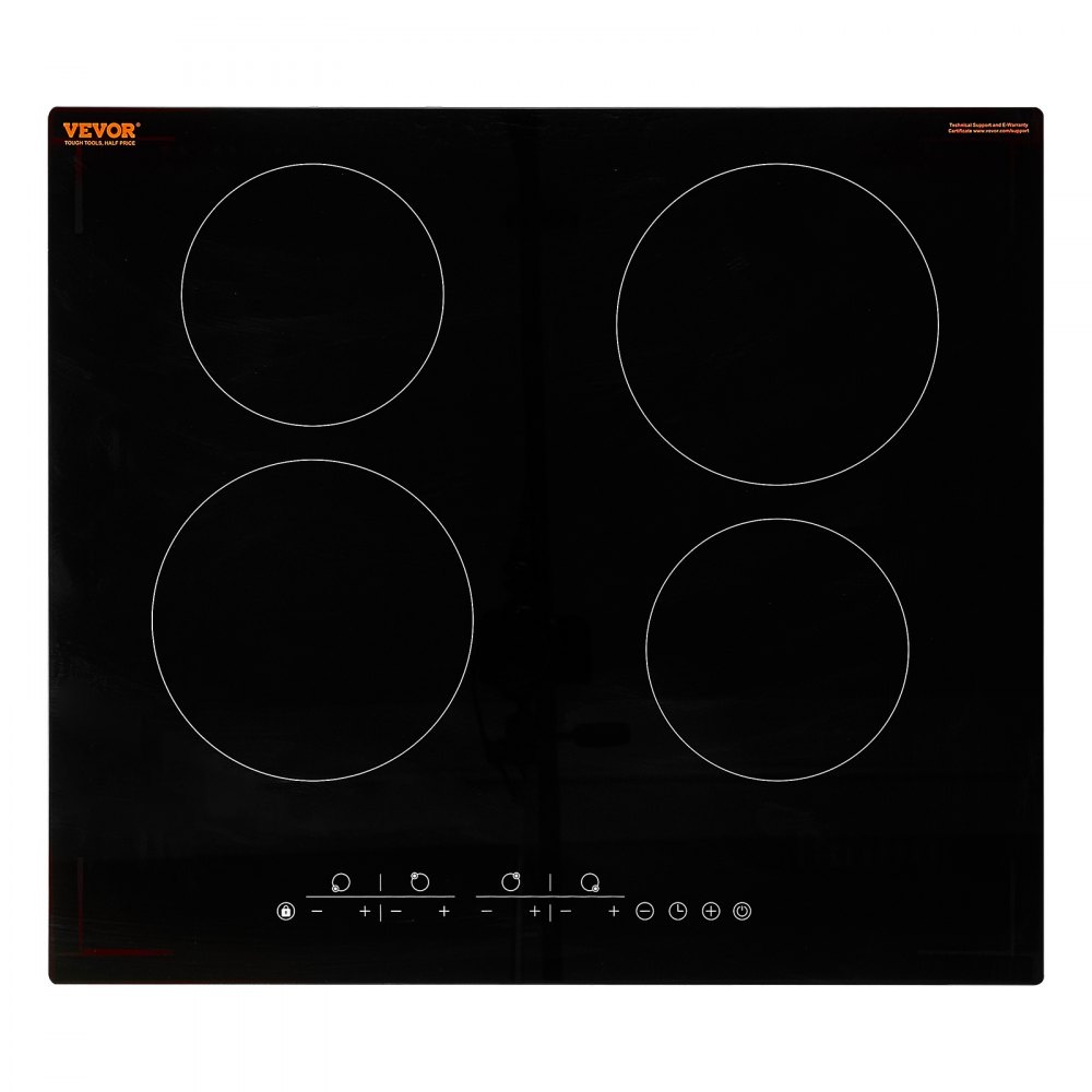 VEVOR Electric Cooktop, 24 inch 4 Burners Built-in Electric Stove Top, 6000W Ceramic Top Radiant Cooktop with Glass Panel, Touch Control, Timer, Child Lock, 9 Heat Level, 220-240V, Hard Wire (No Plug)