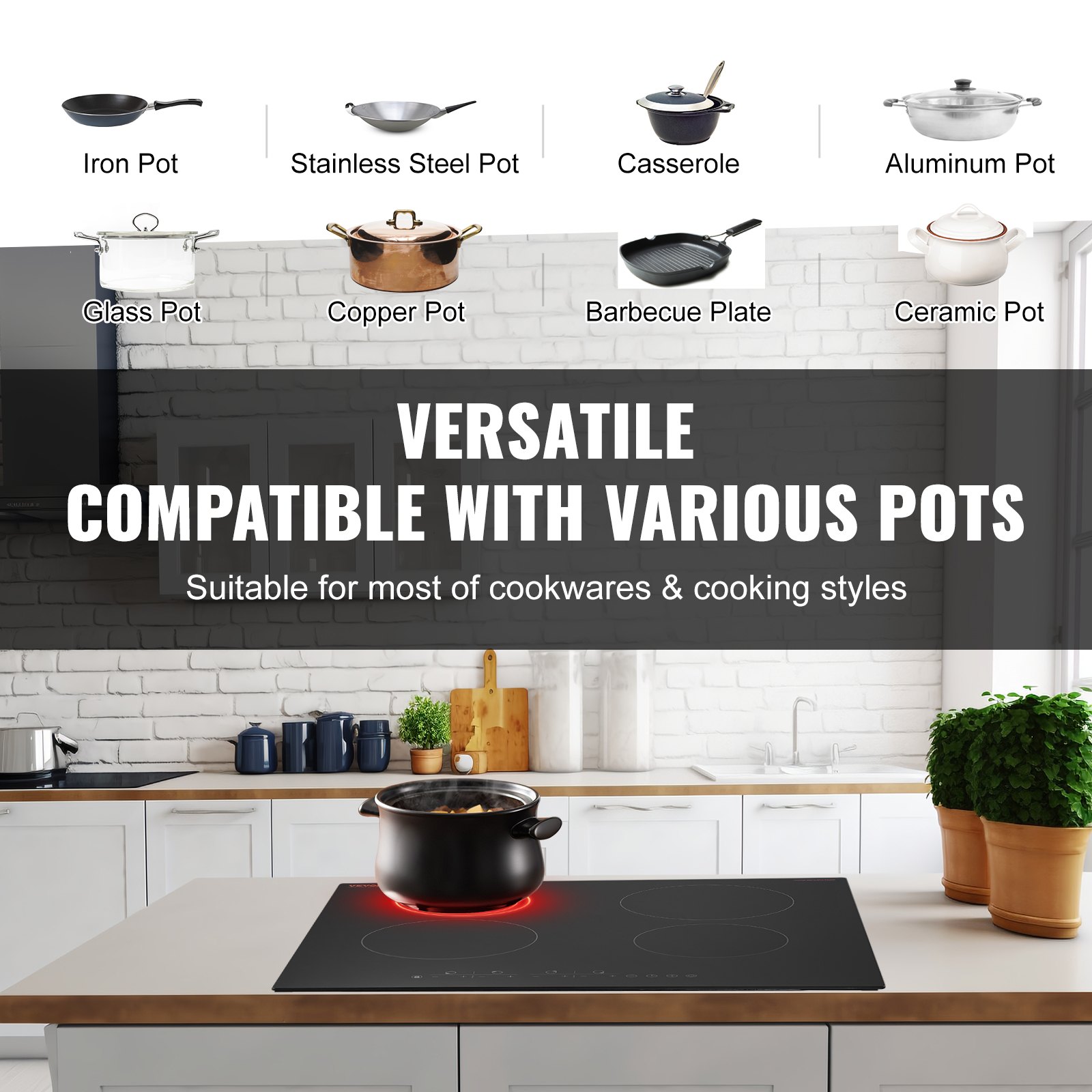 VEVOR Electric Cooktop, 24 inch 4 Burners Built-in Electric Stove Top, 6000W Ceramic Top Radiant Cooktop with Glass Panel, Touch Control, Timer, Child Lock, 9 Heat Level, 220-240V, Hard Wire (No Plug)