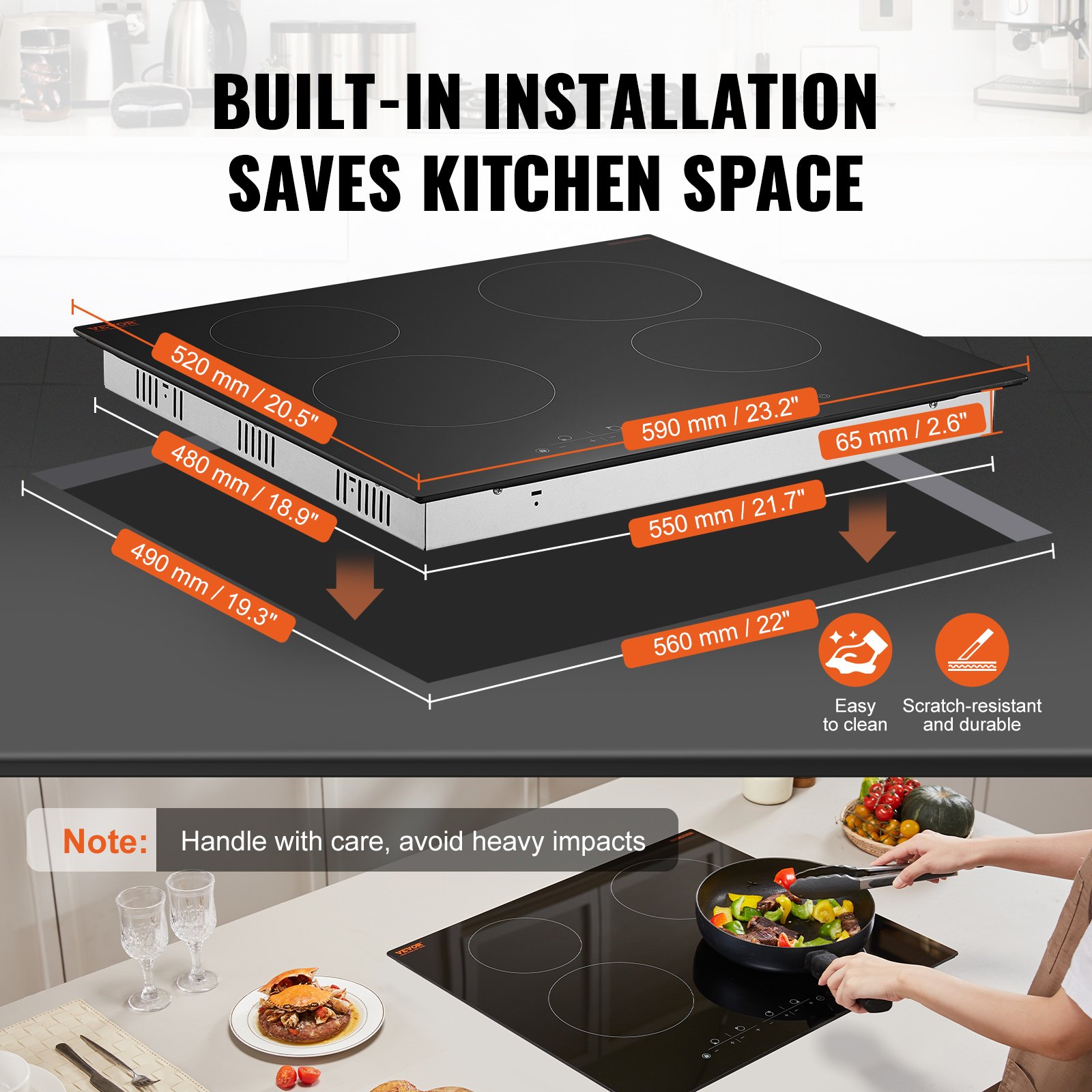 VEVOR Electric Cooktop, 24 inch 4 Burners Built-in Electric Stove Top, 6000W Ceramic Top Radiant Cooktop with Glass Panel, Touch Control, Timer, Child Lock, 9 Heat Level, 220-240V, Hard Wire (No Plug)