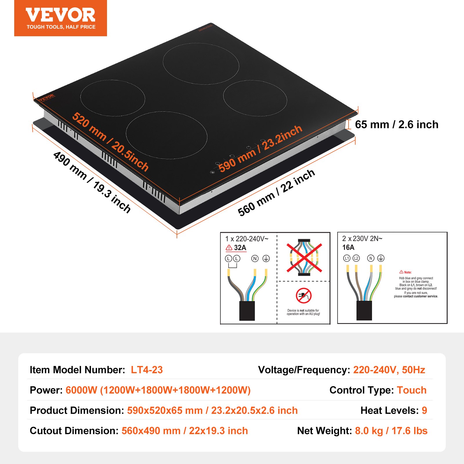 VEVOR Electric Cooktop, 24 inch 4 Burners Built-in Electric Stove Top, 6000W Ceramic Top Radiant Cooktop with Glass Panel, Touch Control, Timer, Child Lock, 9 Heat Level, 220-240V, Hard Wire (No Plug)