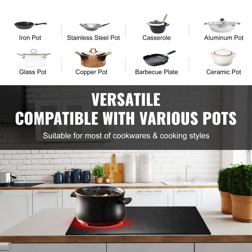 VEVOR Electric Cooktop, 30 inch 4 Burners Built-in Electric Stove Top, 7200W Ceramic Top Radiant Cooktop with Glass Panel, Touch Control, Timer, Child Lock, 9 Heat Level, 220-240V, Hard Wire (No Plug)