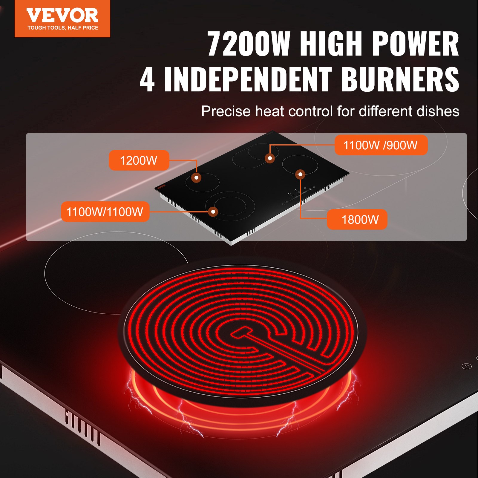 VEVOR Electric Cooktop, 30 inch 4 Burners Built-in Electric Stove Top, 7200W Ceramic Top Radiant Cooktop with Glass Panel, Touch Control, Timer, Child Lock, 9 Heat Level, 220-240V, Hard Wire (No Plug)
