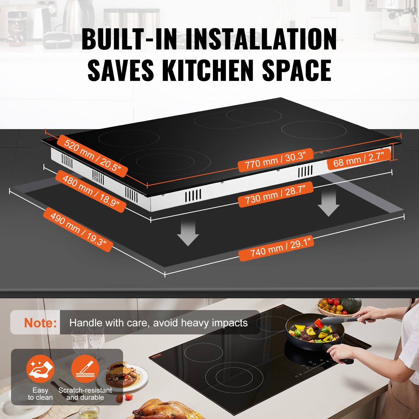 VEVOR Electric Cooktop, 30 inch 4 Burners Built-in Electric Stove Top, 7200W Ceramic Top Radiant Cooktop with Glass Panel, Touch Control, Timer, Child Lock, 9 Heat Level, 220-240V, Hard Wire (No Plug)