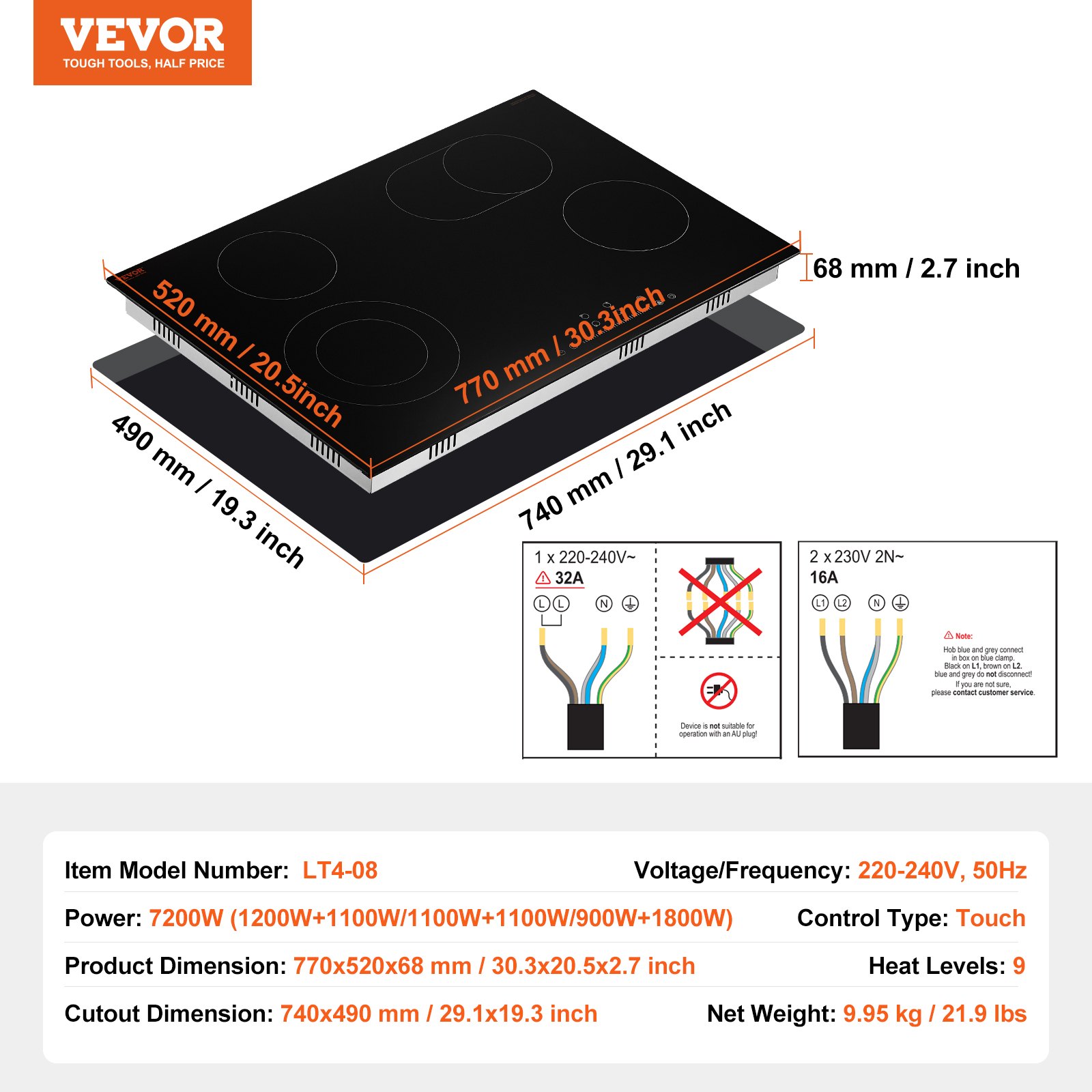 VEVOR Electric Cooktop, 30 inch 4 Burners Built-in Electric Stove Top, 7200W Ceramic Top Radiant Cooktop with Glass Panel, Touch Control, Timer, Child Lock, 9 Heat Level, 220-240V, Hard Wire (No Plug)