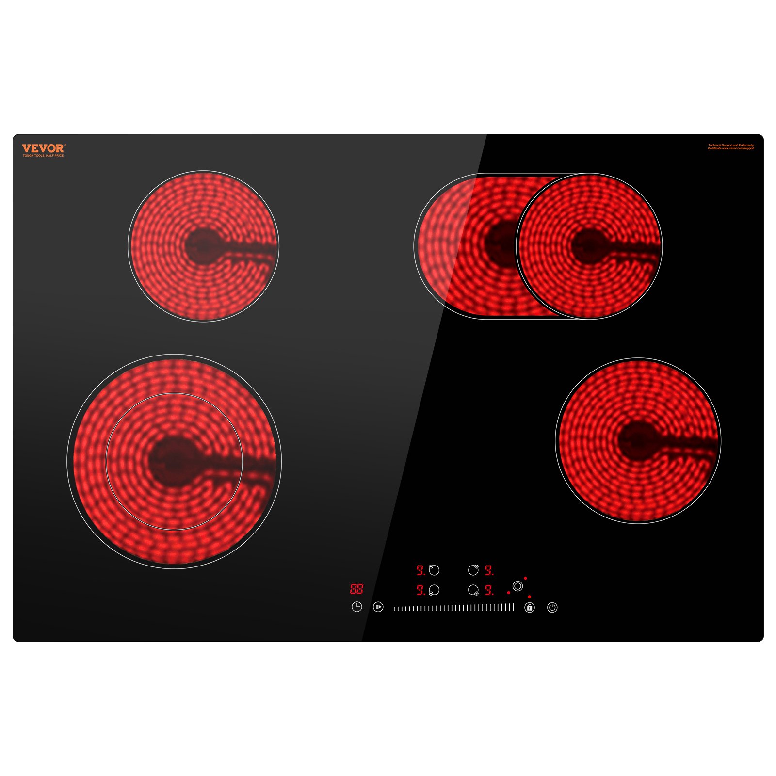 VEVOR Electric Cooktop, 30 inch 4 Burners Built-in Electric Stove Top, 7200W Ceramic Top Radiant Cooktop with Glass Panel, Touch Control, Timer, Child Lock, 9 Heat Level, 220-240V, Hard Wire (No Plug)