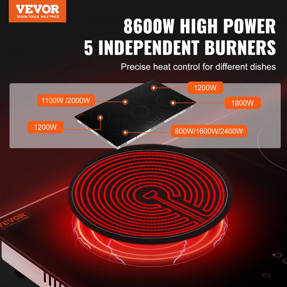 VEVOR Electric Cooktop, 36 inch 5 Burners Built-in Electric Stove Top, 8600W Ceramic Top Radiant Cooktop with Glass Panel, Touch Control, Timer, Child Lock, 9 Heat Level, 220-240V, Hard Wire (No Plug)