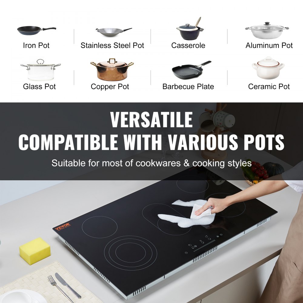 VEVOR Electric Cooktop, 36 inch 5 Burners Built-in Electric Stove Top, 8600W Ceramic Top Radiant Cooktop with Glass Panel, Touch Control, Timer, Child Lock, 9 Heat Level, 220-240V, Hard Wire (No Plug)