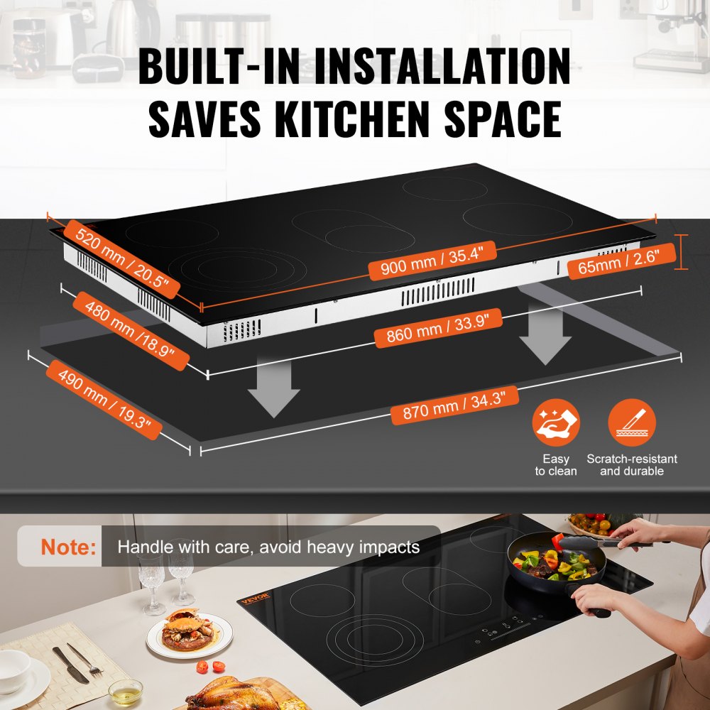 VEVOR Electric Cooktop, 36 inch 5 Burners Built-in Electric Stove Top, 8600W Ceramic Top Radiant Cooktop with Glass Panel, Touch Control, Timer, Child Lock, 9 Heat Level, 220-240V, Hard Wire (No Plug)