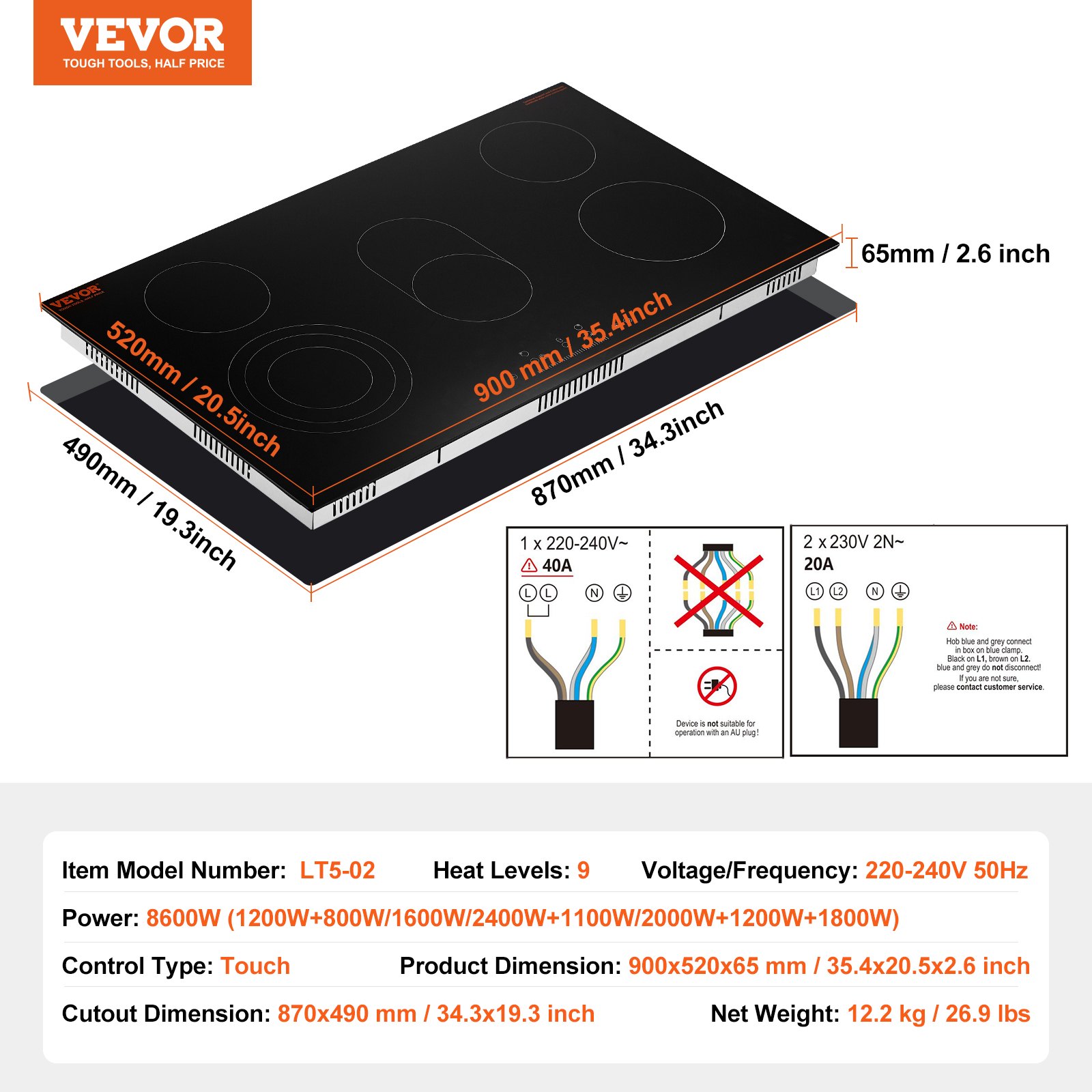 VEVOR Electric Cooktop, 36 inch 5 Burners Built-in Electric Stove Top, 8600W Ceramic Top Radiant Cooktop with Glass Panel, Touch Control, Timer, Child Lock, 9 Heat Level, 220-240V, Hard Wire (No Plug)
