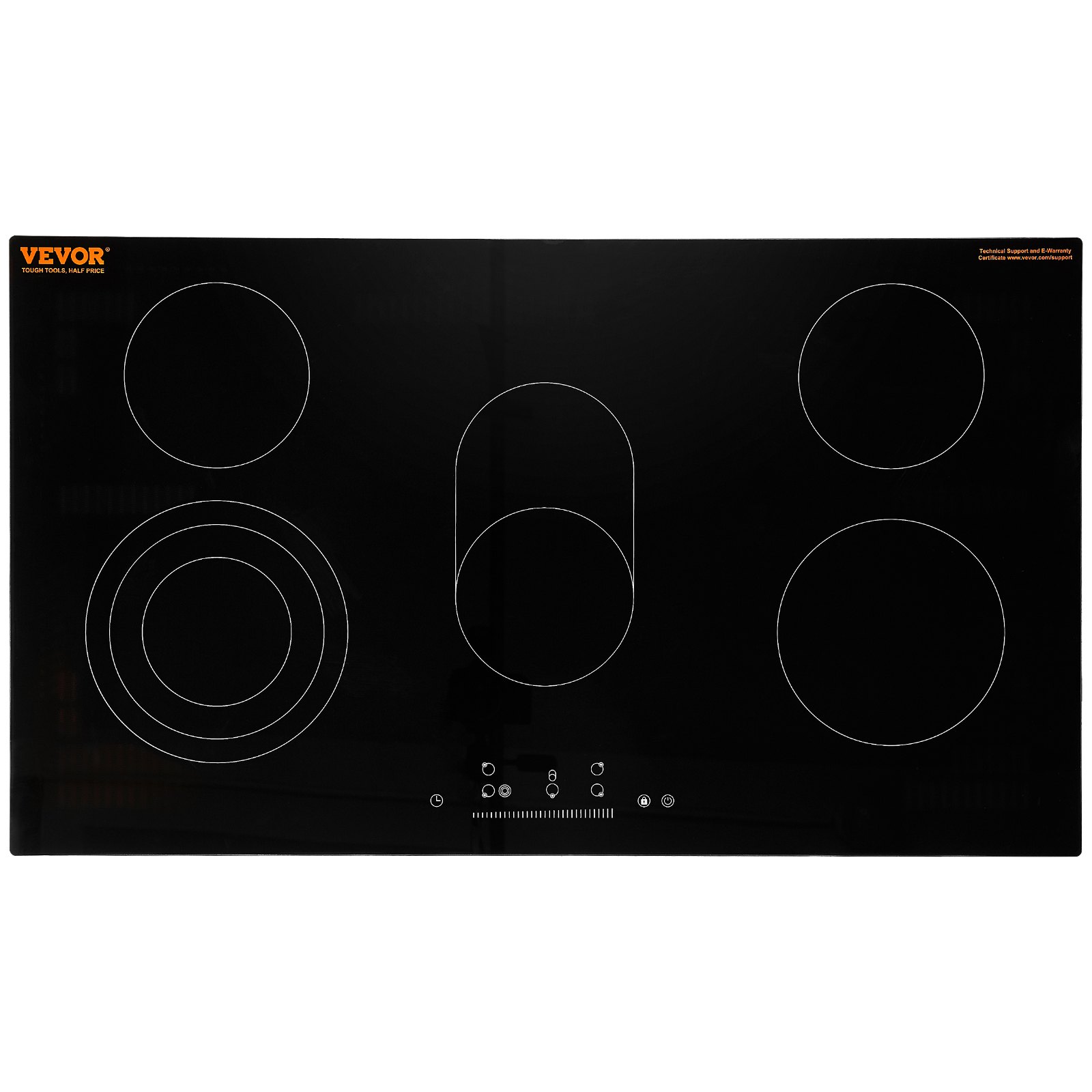 VEVOR Electric Cooktop, 36 inch 5 Burners Built-in Electric Stove Top, 8600W Ceramic Top Radiant Cooktop with Glass Panel, Touch Control, Timer, Child Lock, 9 Heat Level, 220-240V, Hard Wire (No Plug)