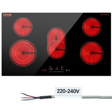 VEVOR Electric Cooktop, 36 inch 5 Burners Built-in Electric Stove Top, 8600W Ceramic Top Radiant Cooktop with Glass Panel, Touch Control, Timer, Child Lock, 9 Heat Level, 220-240V, Hard Wire (No Plug)