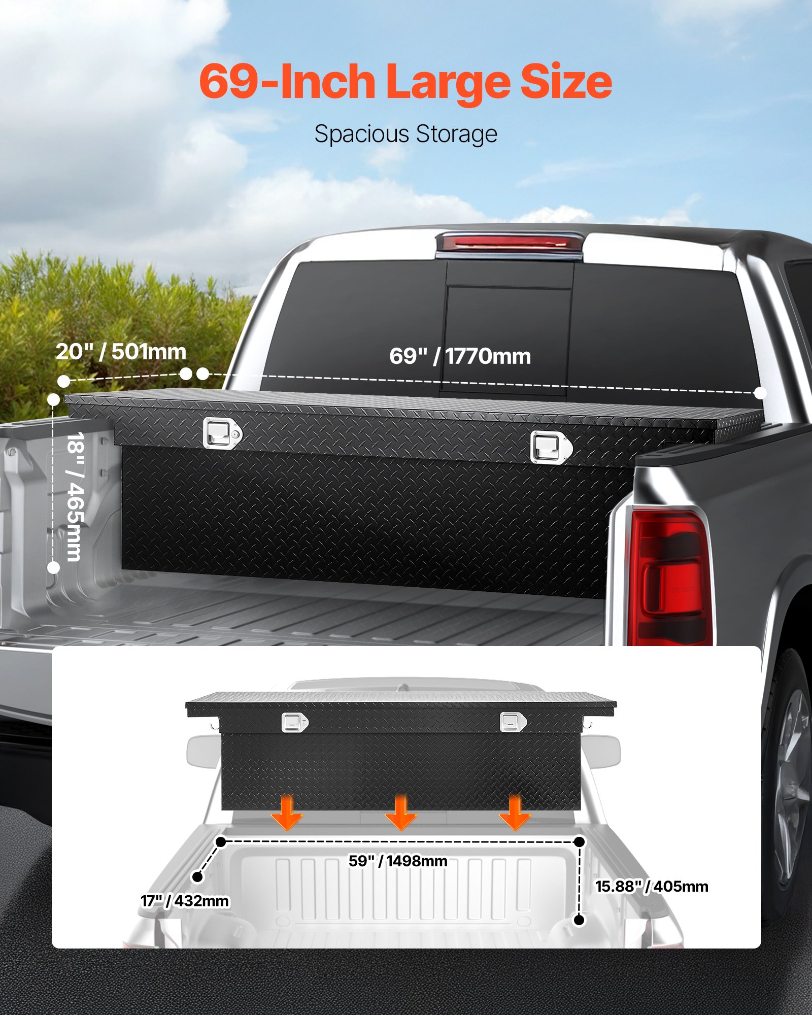VEVOR Crossover Truck Tool Box, 69x20x18 In, Heavy Duty Aluminum Toolbox with Diamond Texture, Pick Up Truck Bed RV Trailer Toolbox, Waterproof Storage Organizer with Lock, Keys, Side Handles, Black
