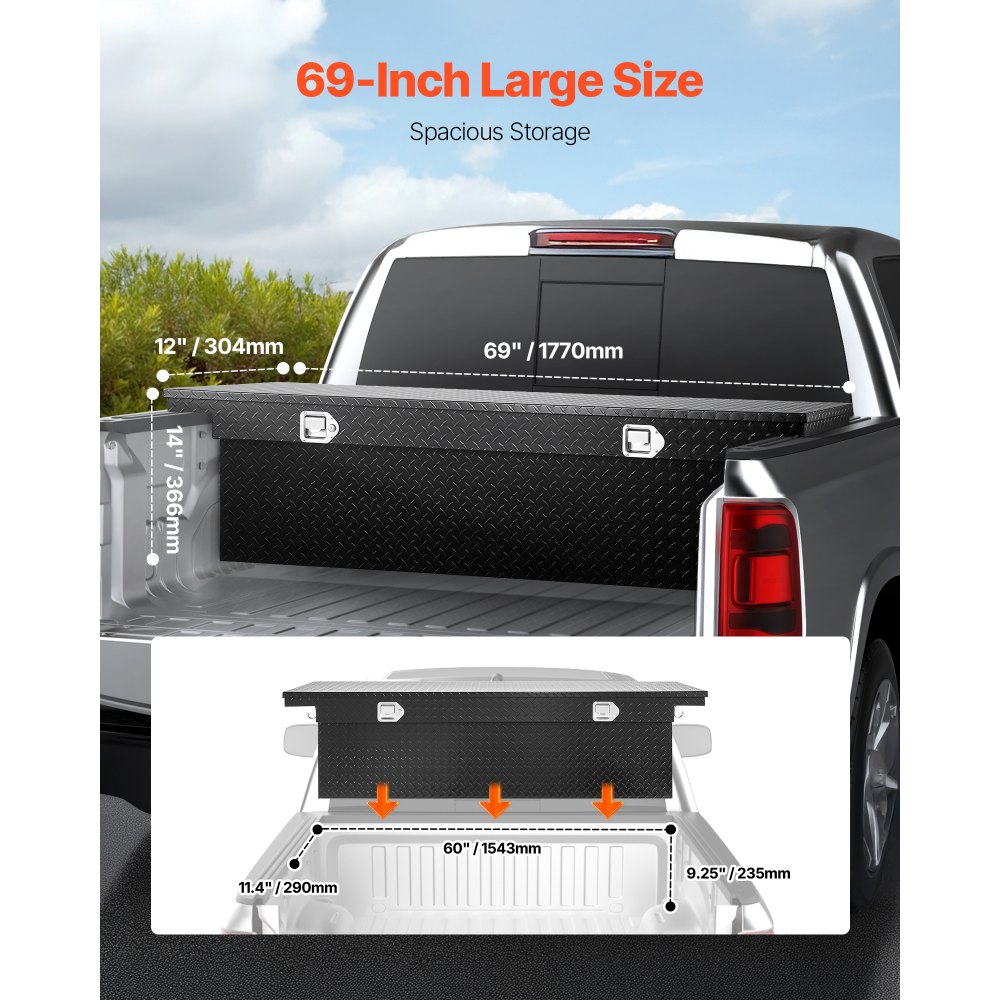 VEVOR Crossover Truck Tool Box, 69x12x14 In, Heavy Duty Aluminum Toolbox with Diamond Texture, Pick Up Truck Bed RV Trailer Toolbox, Waterproof Storage Organizer with Lock, Keys, Side Handles, Black