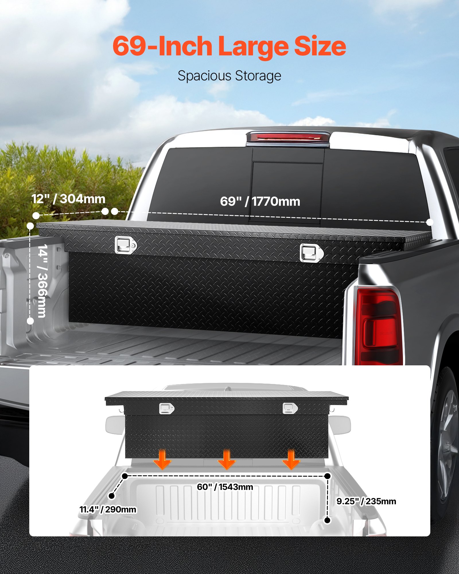 VEVOR Crossover Truck Tool Box, 69x12x14 In, Heavy Duty Aluminum Toolbox with Diamond Texture, Pick Up Truck Bed RV Trailer Toolbox, Waterproof Storage Organizer with Lock, Keys, Side Handles, Black