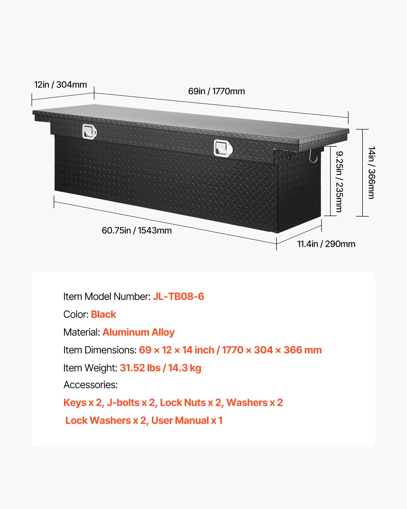 VEVOR Crossover Truck Tool Box, 69x12x14 In, Heavy Duty Aluminum Toolbox with Diamond Texture, Pick Up Truck Bed RV Trailer Toolbox, Waterproof Storage Organizer with Lock, Keys, Side Handles, Black