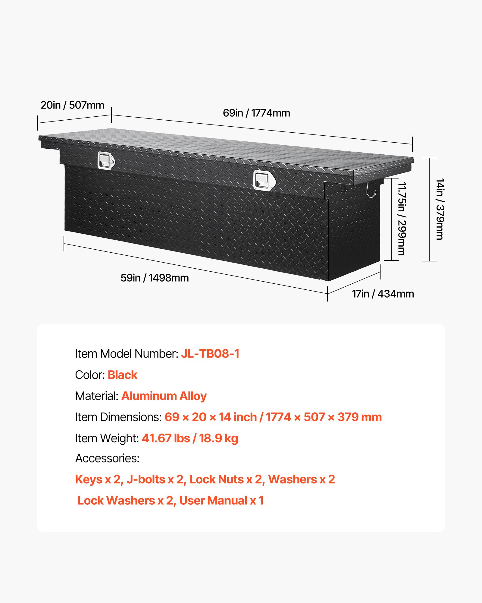 VEVOR Crossover Truck Tool Box, 69x20x14 In, Heavy Duty Aluminum Toolbox with Diamond Texture, Pick Up Truck Bed RV Trailer Toolbox, Waterproof Storage Organizer with Lock, Keys, Side Handles, Black