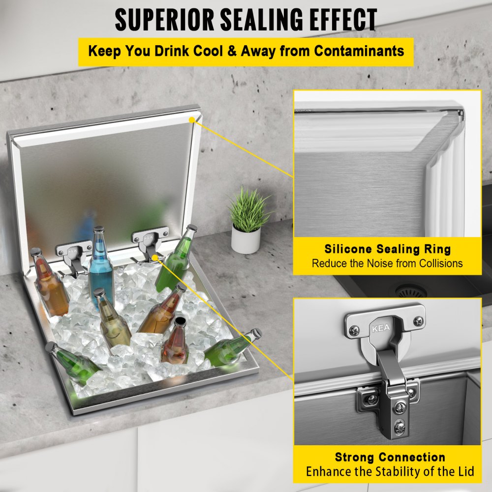 VEVOR Drop in Ice Chest 20''L x 16''W x 13''H Drop in Cooler Stainless Steel with Hinged Cover Bar Ice Bin 40.9 qt Drain-pipe and Drain Plug Included for Cold Wine Beer